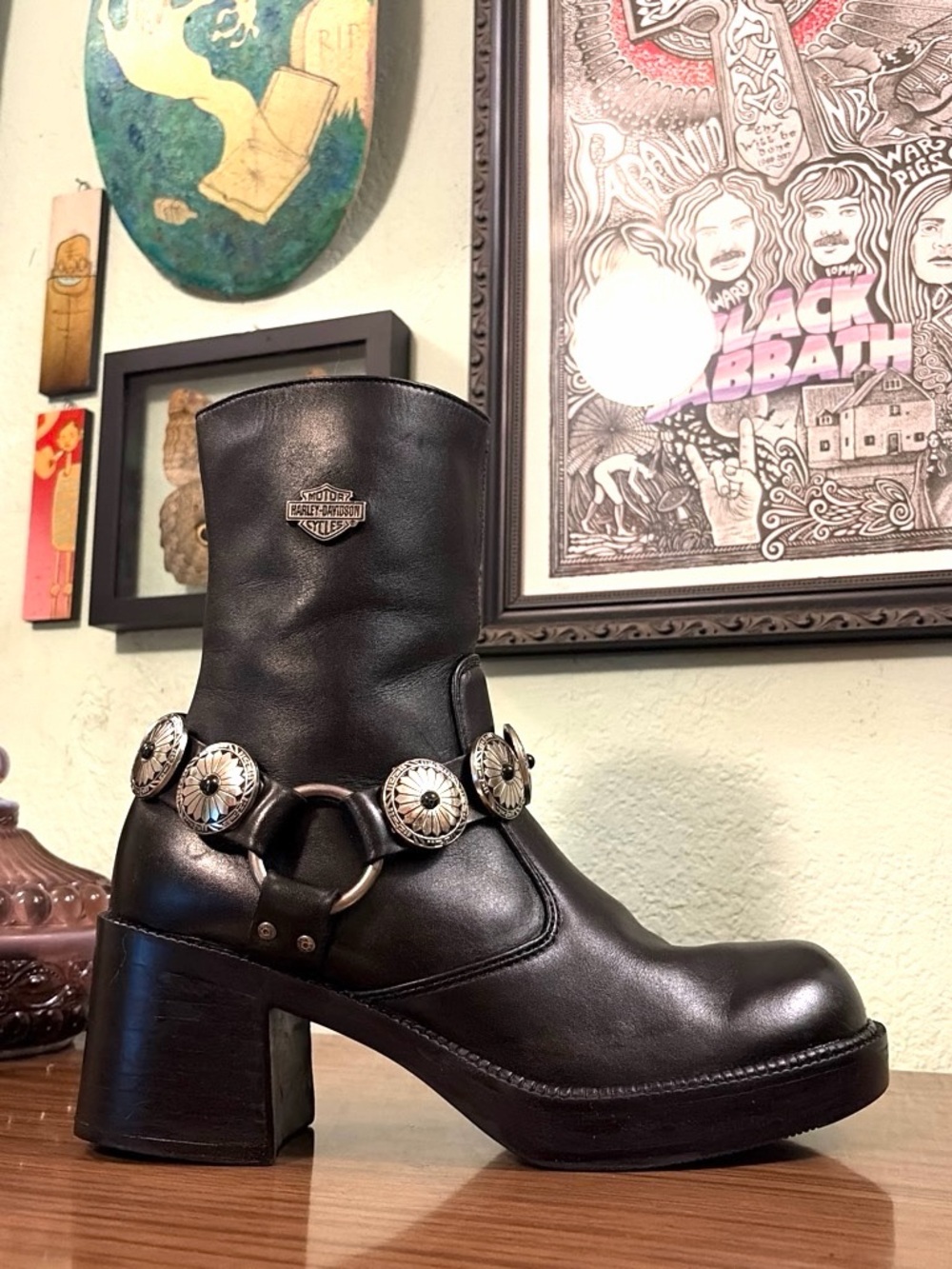 🦅Vintage Harley Davidson Chunky Platform Biker Boots w/ Custom Concho Harnesses🌵